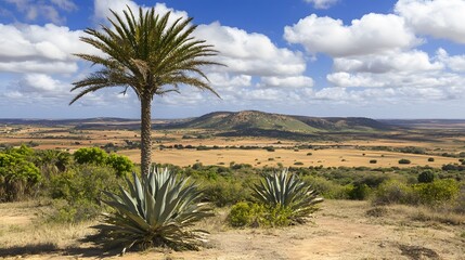 Fototapeta premium Stunning Panoramic View Desert Landscape Palm Trees Agave Plants