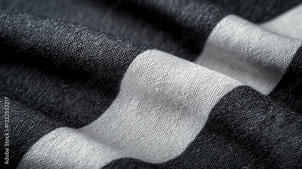Poster close up of black and white checkered fabric, showcasing its texture and pattern. interplay of light