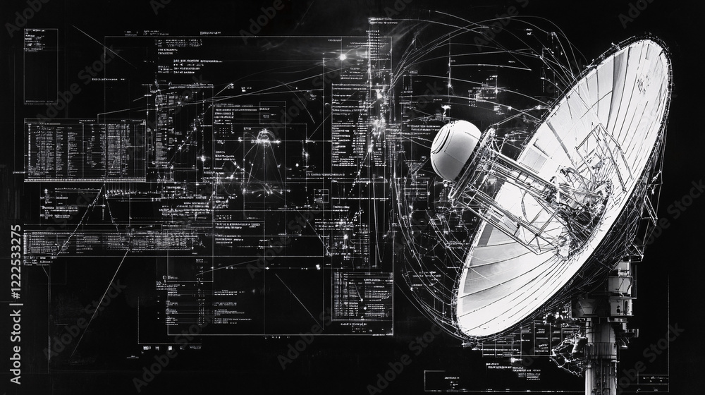 Poster abstract schematic of a satellite dish with detailed components, interconnected systems, and intrica