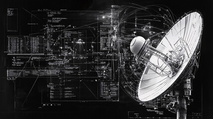 Abstract schematic of a satellite dish with detailed components, interconnected systems, and intricate patterns on a black background	