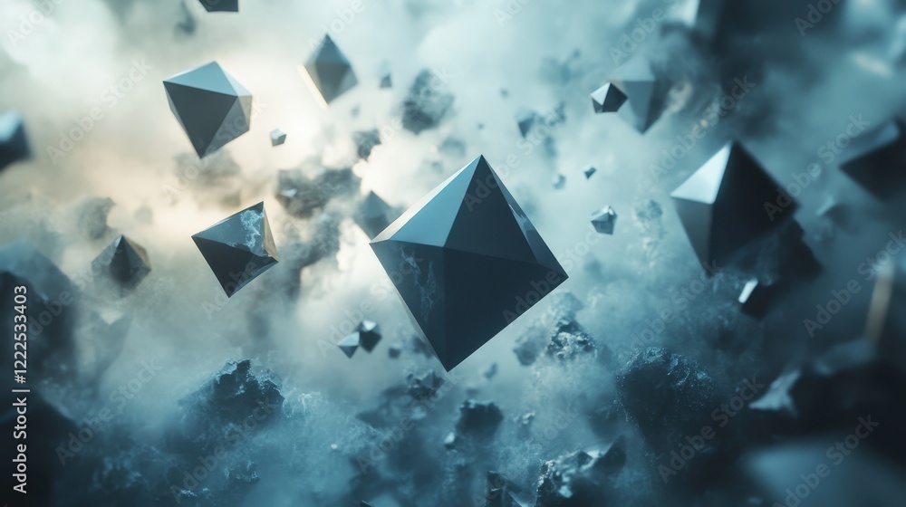 Poster abstract floating pyramids in a mystical foggy realm.