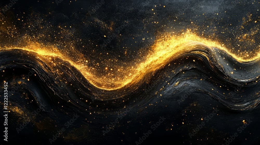 Poster abstract glowing gold wave with dynamic lighting and sparkles on a minimalist black background