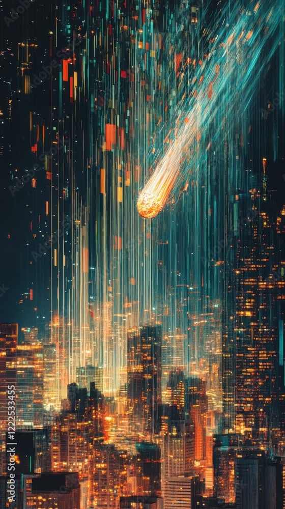 Poster digital comet falling through cyberpunk cityscape with glowing data streams.