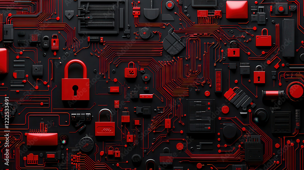 Poster Digital circuit board with red locks and components on black background, symbolizing security and technology. intricate design evokes sense of protection and innovation