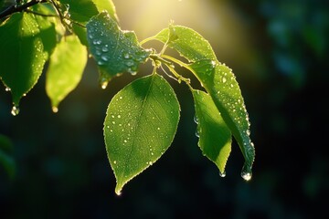 Fototapeta premium Extreme macro shot of a vibrant green tree leaf showcasing details in springtime light