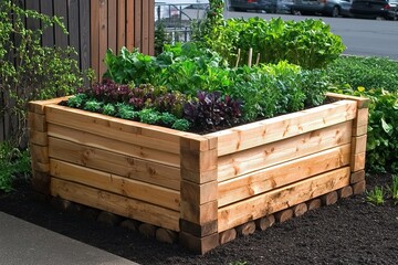 Urban Gardening Abundant Raised Garden Bed Flourishes With Fresh Herbs and Vegetables.