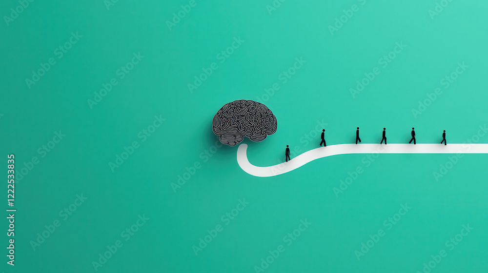 Leinwandbilder Conceptual illustration of brain with figures walking along path, symbolizing knowledge and learning. vibrant background enhances visual impact
