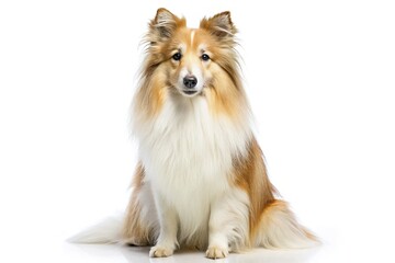 A fluffy white Shetland Sheepdog, perfectly posed in a studio, showcases its charming canine companionship.