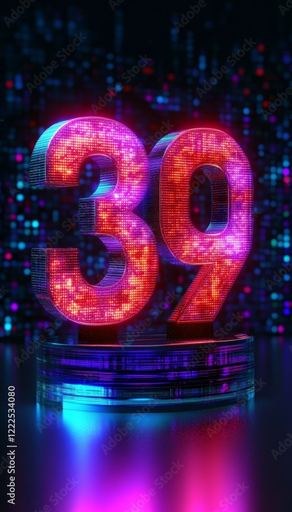 Aufkleber glowing neon 3d number 39 on futuristic abstract background with colorful lights. digital concept.
