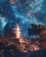 Majestic Observatory Under a Starry Night Sky with Scenic Landscape.