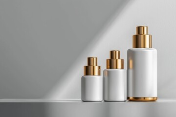 Minimalist composition of beauty product bottles on a shelf in a modern environment showcasing elegant design and aesthetic appeal