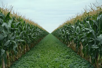 Stunning Aerial View of Cornfield Rows and Lush Green Crop
