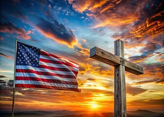 A majestic American flag cross stands tall amidst a breathtaking landscape, a powerful image of patriotism and faith.