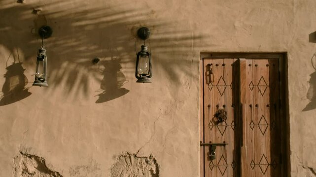 antique lantern in dubai Al Seef is place for walking, food. historical district with traditional Arabic architecture. old buildings and traditional Arabian street.