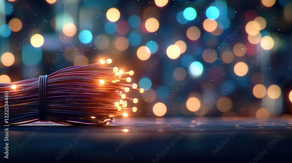 Poster Brightly lit string lights with blurred bokeh background create festive atmosphere, perfect for celebrations and gatherings. warm glow adds cozy touch to any setting
