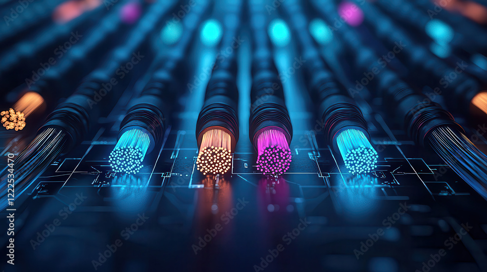 Poster High resolution macro image of colorful fiber optic cables glowing in dark environment, showcasing technology and connectivity