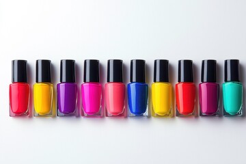 Colorful nail polishes displayed in a row beauty showcase tranquil studio environment aesthetic viewpoint for nail art inspiration