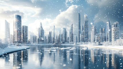 Fototapeta premium Winter city skyline at frozen waterfront bay. Urban cityscape background, futuristic metropolis architecture under snowfall. Luxury megapolis skyscraper buildings view, Cartoon vector illustration