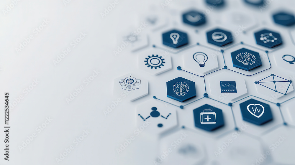 Aufkleber Innovative hexagonal icons representing technology, data, and science. design features symbols like light bulbs, gears, and graphs, conveying modern and digital theme