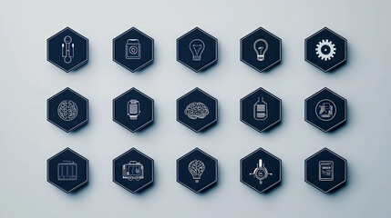 Naklejka premium Minimalist style icons representing technology, creativity, and innovation. design features hexagonal shapes with line art illustrations, conveying modern aesthetic
