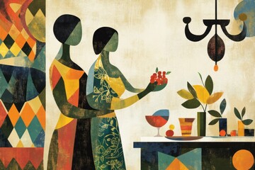 Abstract illustration of two women holding berries, showcasing vibrant colors and a harmonious kitchen setting with fruits and flowers