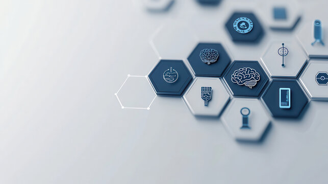 Innovative hexagonal icons representing artificial intelligence, technology, and data analysis. design features modern, minimalist aesthetic with focus on connectivity and intelligence