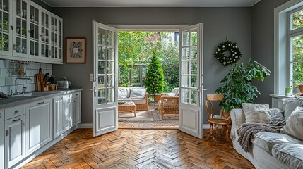 Cozy Kitchen with French Doors Opening to a Serene Garden
