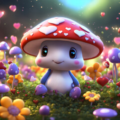 A cheerful cartoon mushroom with a blue cap adorned with hearts stands in a whimsical forest surrounded by colorful heart-shaped mushrooms, Valentine's Day card