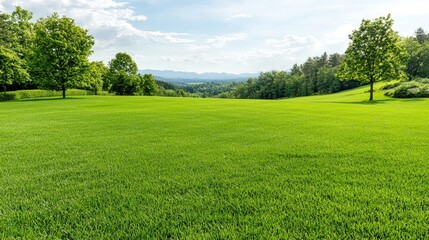Obraz premium Lush green field, valley view, sunny day, nature landscape, ideal for travel brochures