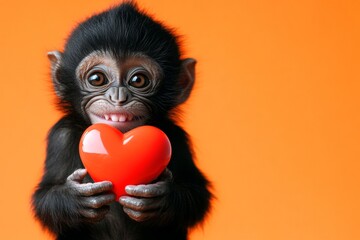 Digital ads conceptual art picture. Advertising concept. Cute macaque baby with furry friend animal toy red heart - emblem of love, funny greeting card. Macaque - my cherished animal.
