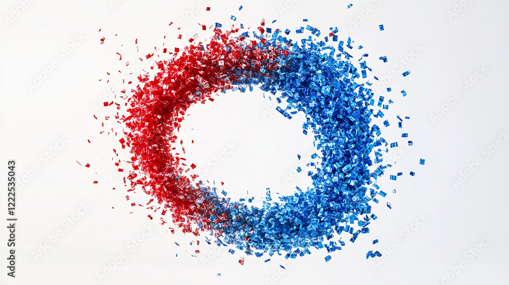 Poster a dynamic abstract design featuring red and blue particles forming a circular shape against a white 