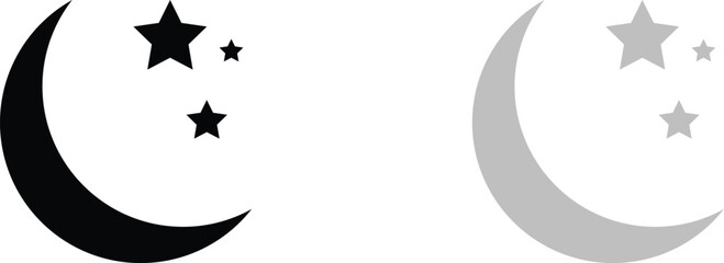 Crescent moon, stars, black and white, simple design, celestial symbols, minimalist illustration, geometric shapes, night sky elements symmetrical composition