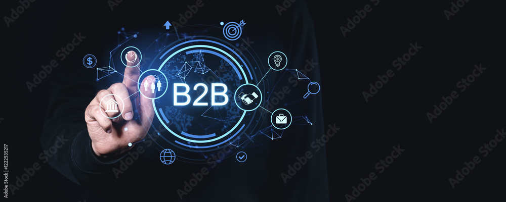 Poster b2b digital interface with icons and connection elements on dark background.
