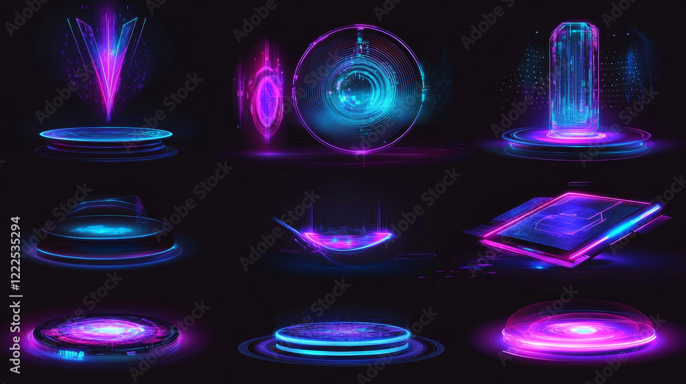 Poster digital portals on circle podiums with hologram and light effects. 3d futuristic platforms with blue