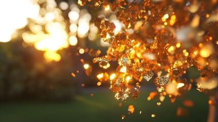 Golden Particles Floating in Sunset Light Abstract Background