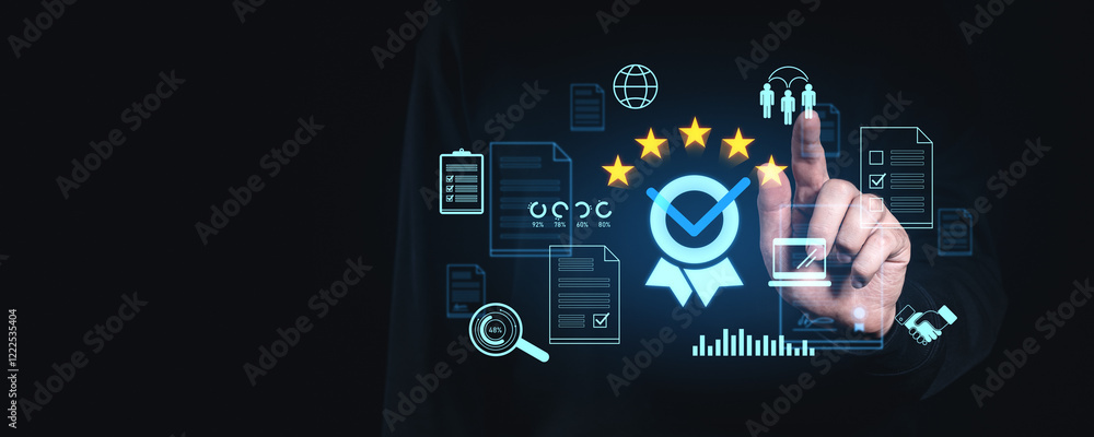 Poster digital customer review interface with a glowing hand gesture on dark background.