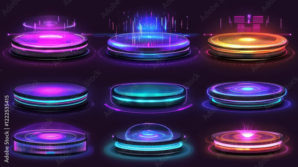Poster digital portals on circle podiums with hologram and light effects. 3d futuristic platforms with blue