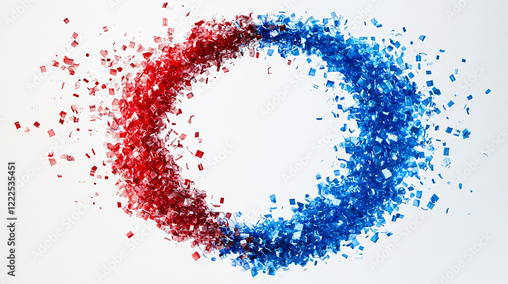 Aufkleber a striking abstract design of red and blue square particles dispersing into a circular shape on a cl