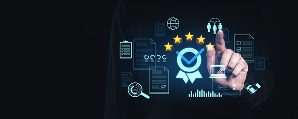 Digital customer review interface with a glowing hand gesture on dark background.