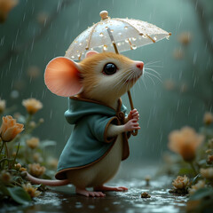 Mouse in the Rain with Umbrella