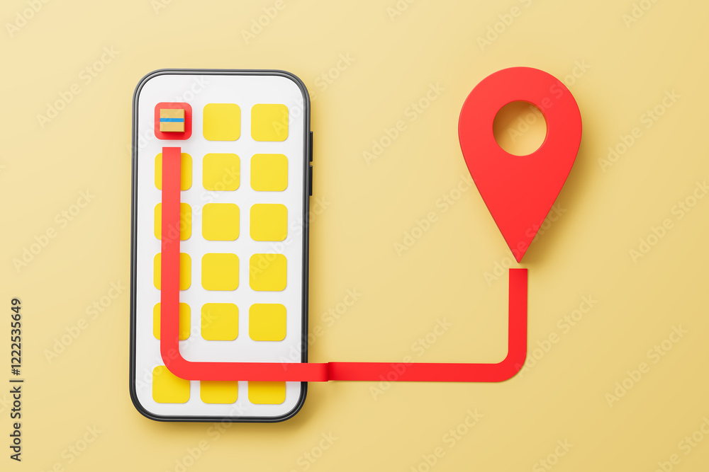 Poster smartphone screen with red location pin and path, on yellow background. 3d rendering