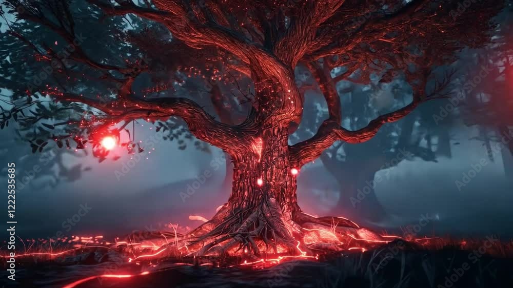 Aufkleber An ancient tree emanates a radiant red glow from its roots, surrounded by a mystical forest shrouded in twilight. The atmosphere is enchanting, with low vegetation and dim lighting.