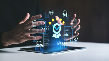 Digital customer satisfaction concept with hands hovering around glowing icons.