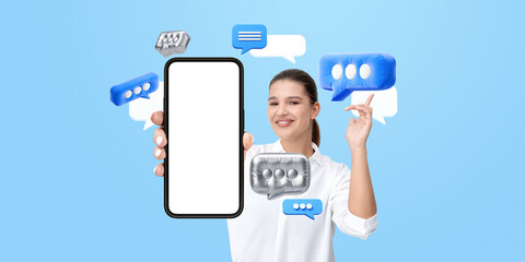 Smartphone mockup held by a smiling person with floating chat bu