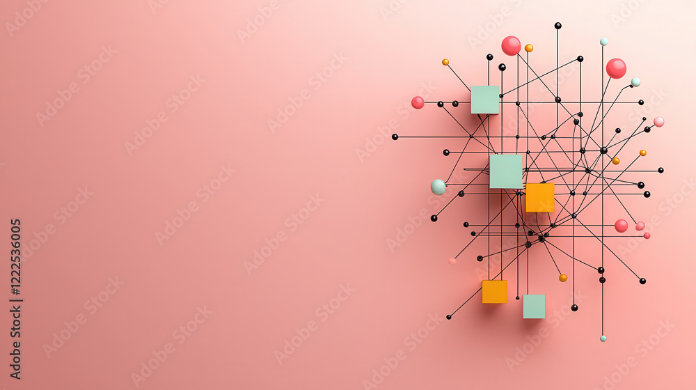 Poster Abstract network design with colorful geometric shapes on soft pink background, creating modern and artistic visual expression