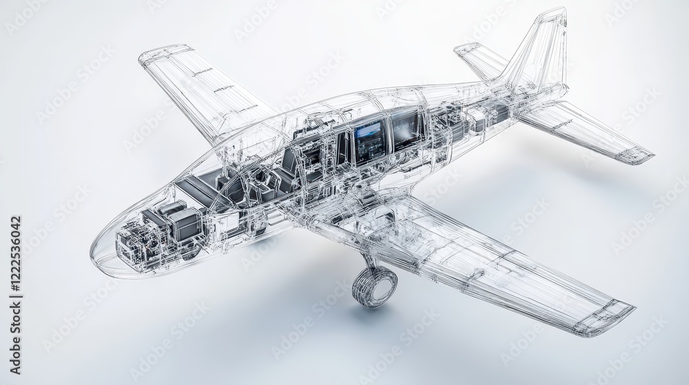 Aufkleber detailed wireframe 3d rendering of a small airplane, showing internal mechanisms and avionics on a w