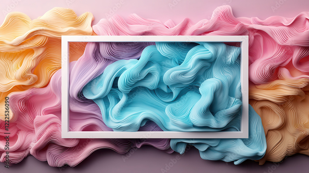 Poster Abstract image showcasing pastel wave background with flowing textures and colors. design features soft pink, blue, and yellow hues, creating serene and artistic atmosphere