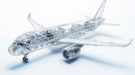 Detailed Wireframe Airplane Design, Full View, Isolated on White Background.