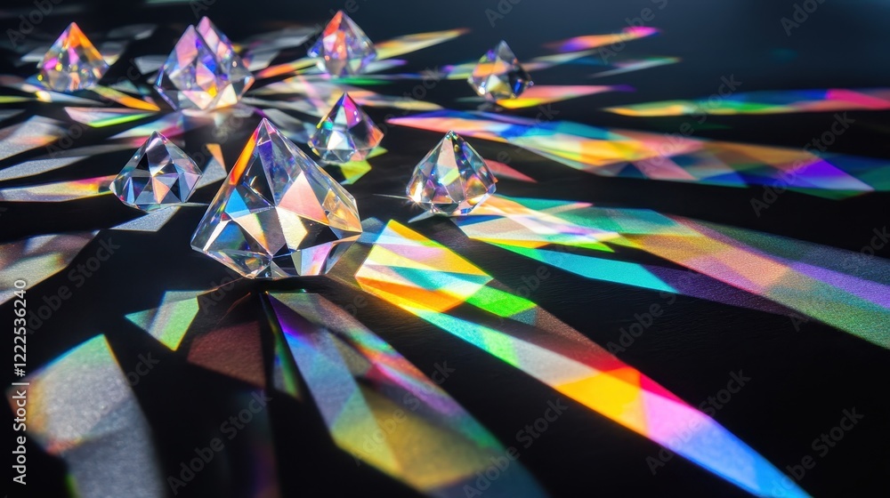 Poster refracted light patterns crystal pyramids and spectrum illumination on dark surface.