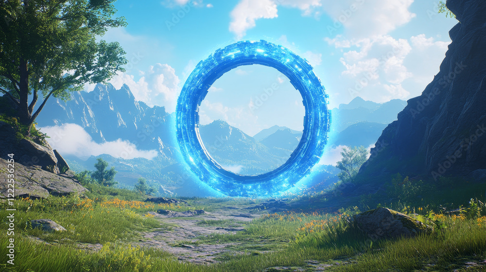 Poster blue glowing neon game portal - realistic vector illustration of futuristic teleport podium for game